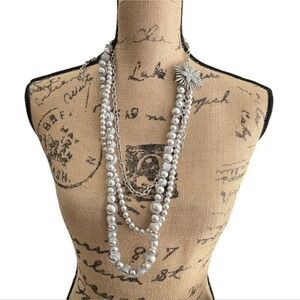 ArIS by Treska Silver Faux Pearl Ribbon Multistrand Rhinestone Sunburst Necklace